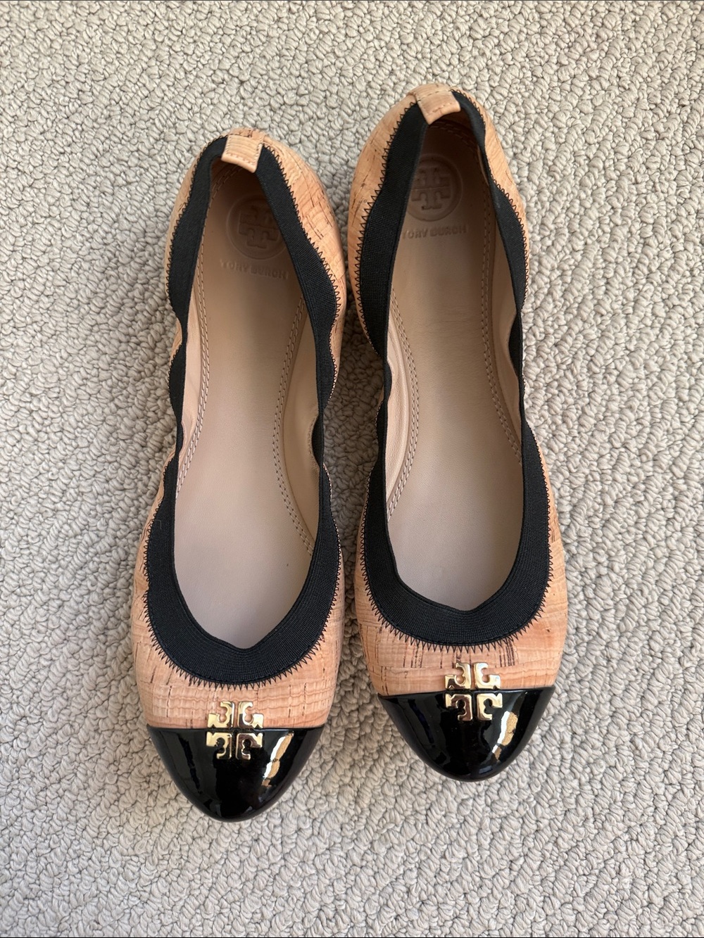 Tory Burch Cork Ballet Flats with Black Patent Cap Toe and Gold Logo Accent